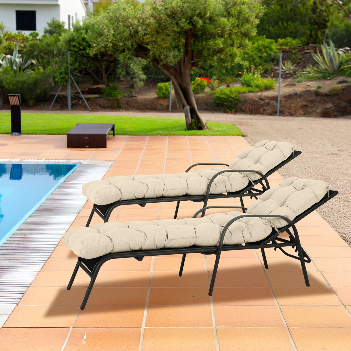 76"x22"x5.1" Polyester Tufted Chaise Lounge Cushion for Outdoor Wicker Chaise Lounge Use, 2 Packs - Khaki