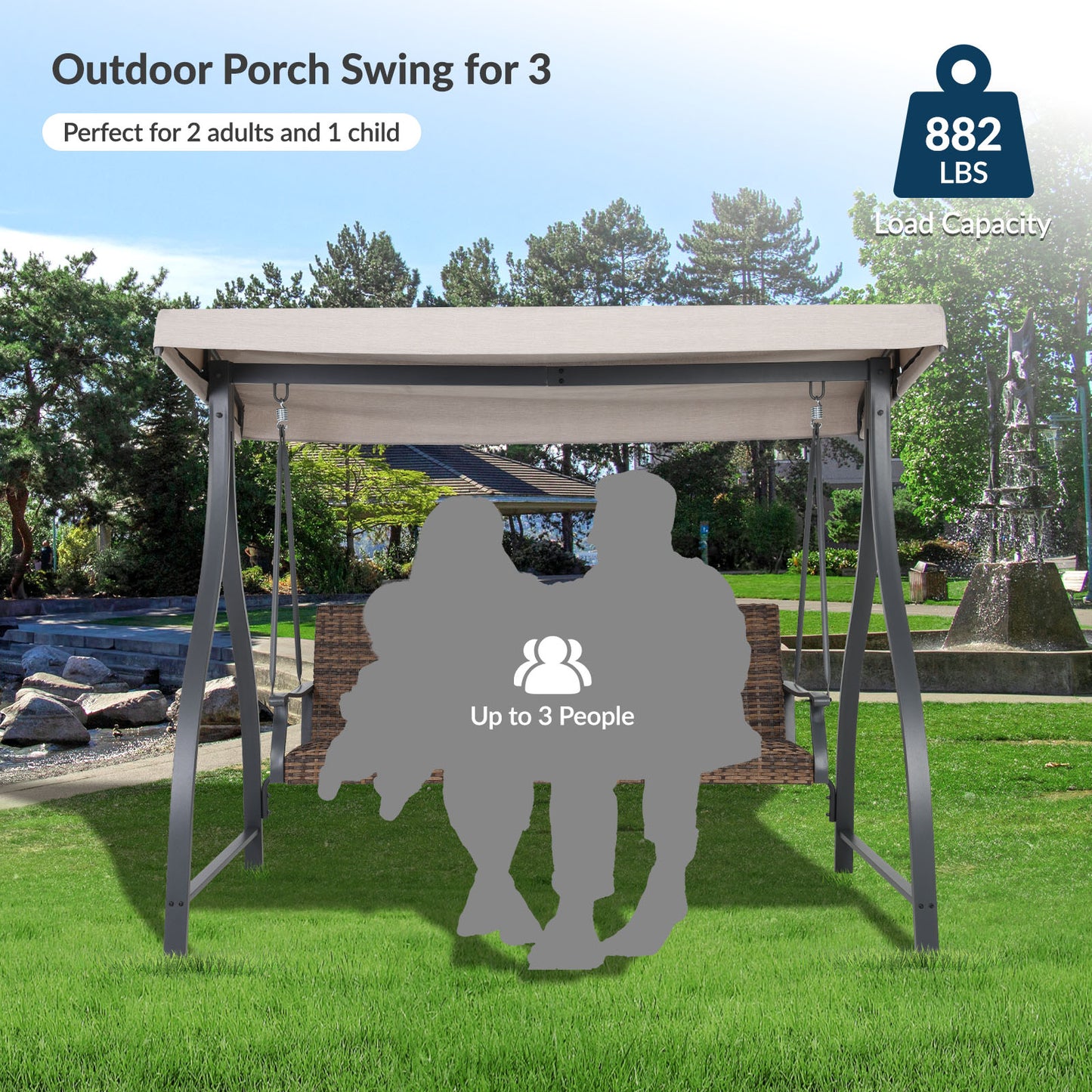 3-Seat Outdoor Rattan Patio Swing with Adjustable Canopy