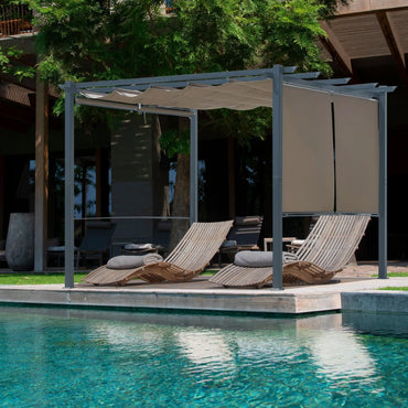 Brown outdoor gazebo with awning next to the swimming pool