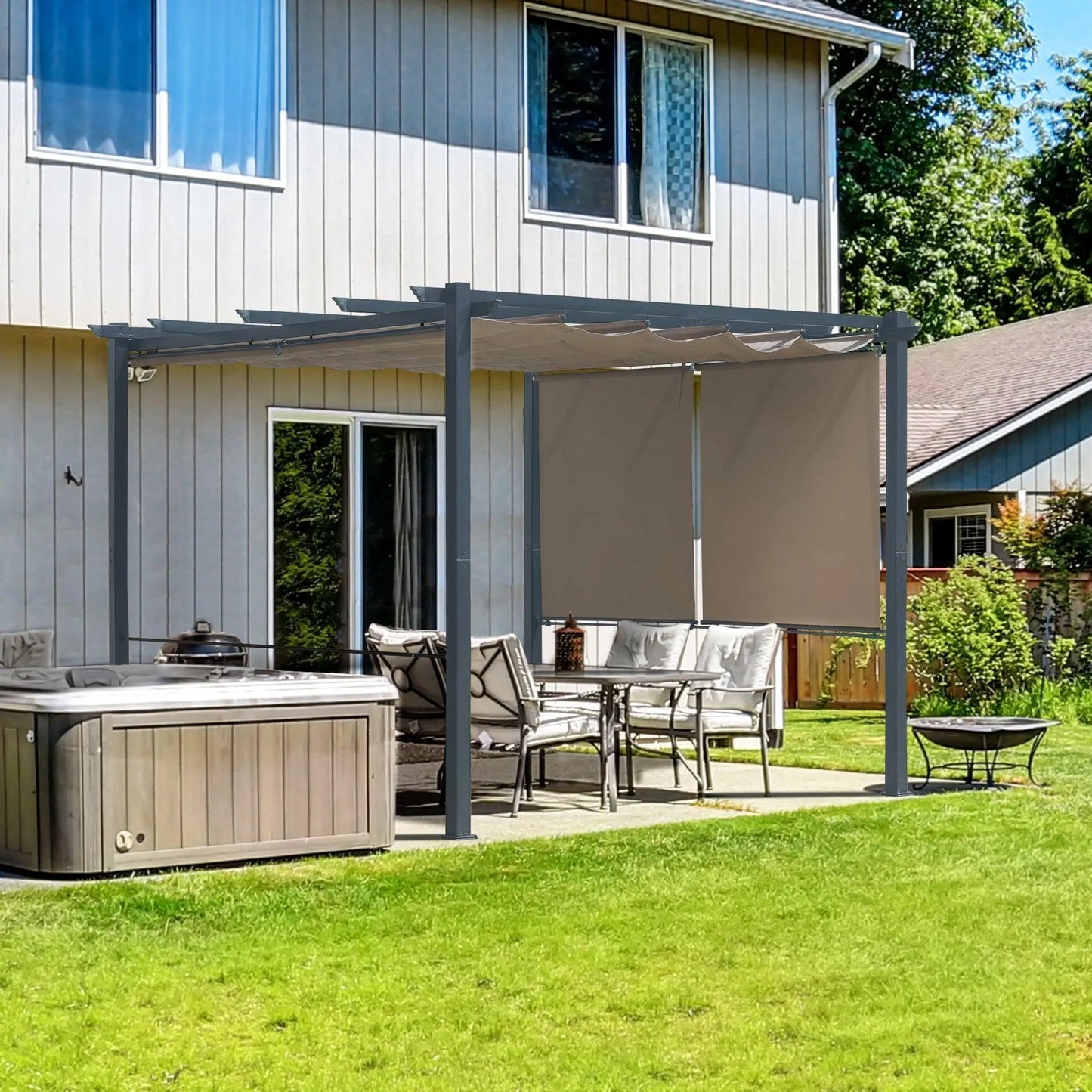 10 x 10 FT Outdoor Pergola with Shade Canopy, Aluminum Frame, Roller Shade Curtain Brown Aoodor Aoodor 