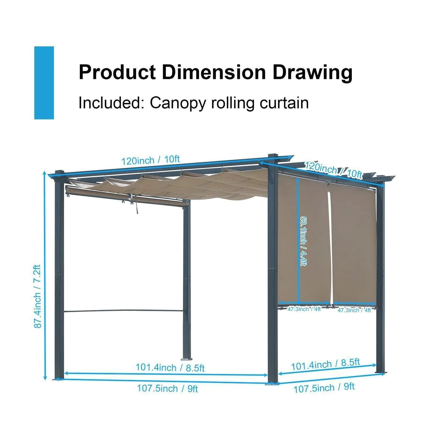 10 x 10 FT Outdoor Pergola with Shade Canopy, Aluminum Frame, Roller Shade Curtain Brown Aoodor Aoodor 