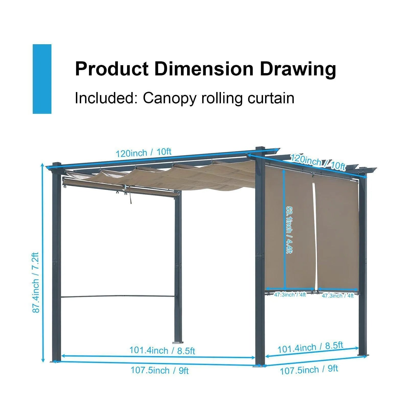 10 x 10 FT Outdoor Pergola with Shade Canopy, Aluminum Frame, Roller Shade Curtain Brown Aoodor Aoodor 