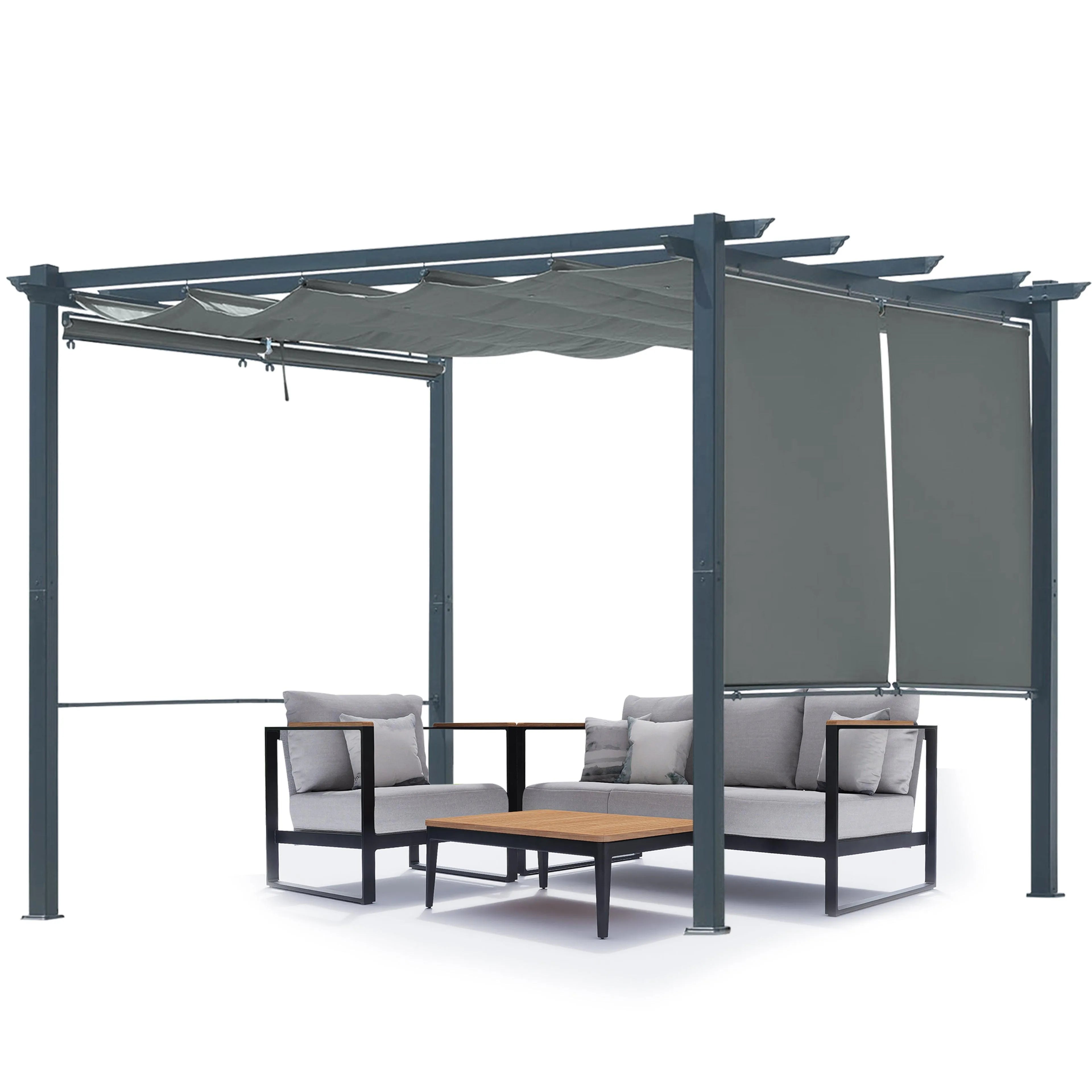 10 x 10 FT Outdoor Pergola with Shade Canopy, Aluminum Frame, Roller Shade Curtain Gray Aoodor
