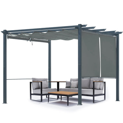 10 x 10 FT Outdoor Pergola with Shade Canopy, Aluminum Frame, Roller Shade Curtain Gray Aoodor