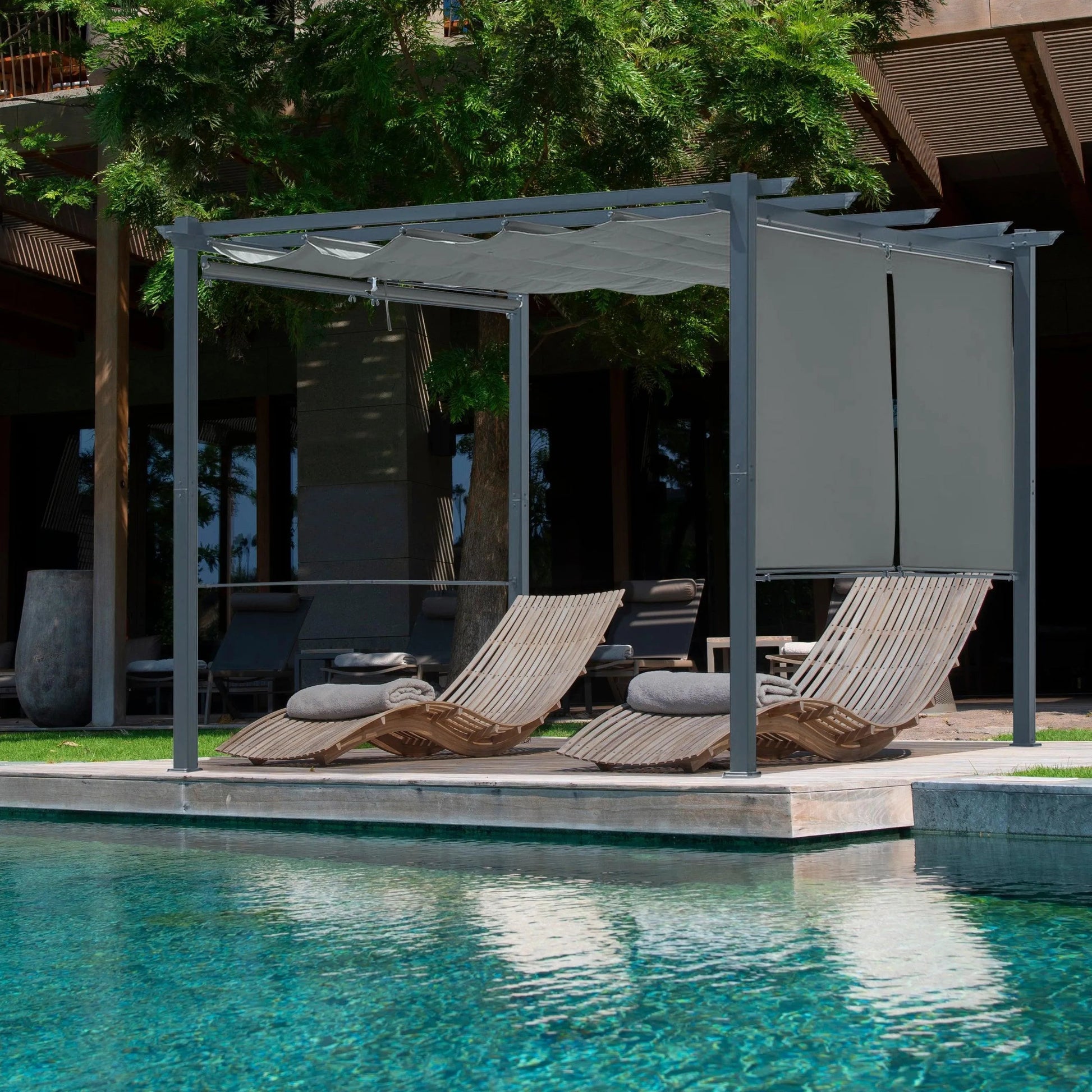 10 x 10 FT Outdoor Pergola with Shade Canopy, Aluminum Frame, Roller Shade Curtain Gray Aoodor Aoodor 