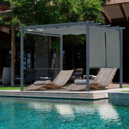 10 x 10 FT Outdoor Pergola with Shade Canopy, Aluminum Frame, Roller Shade Curtain Gray Aoodor