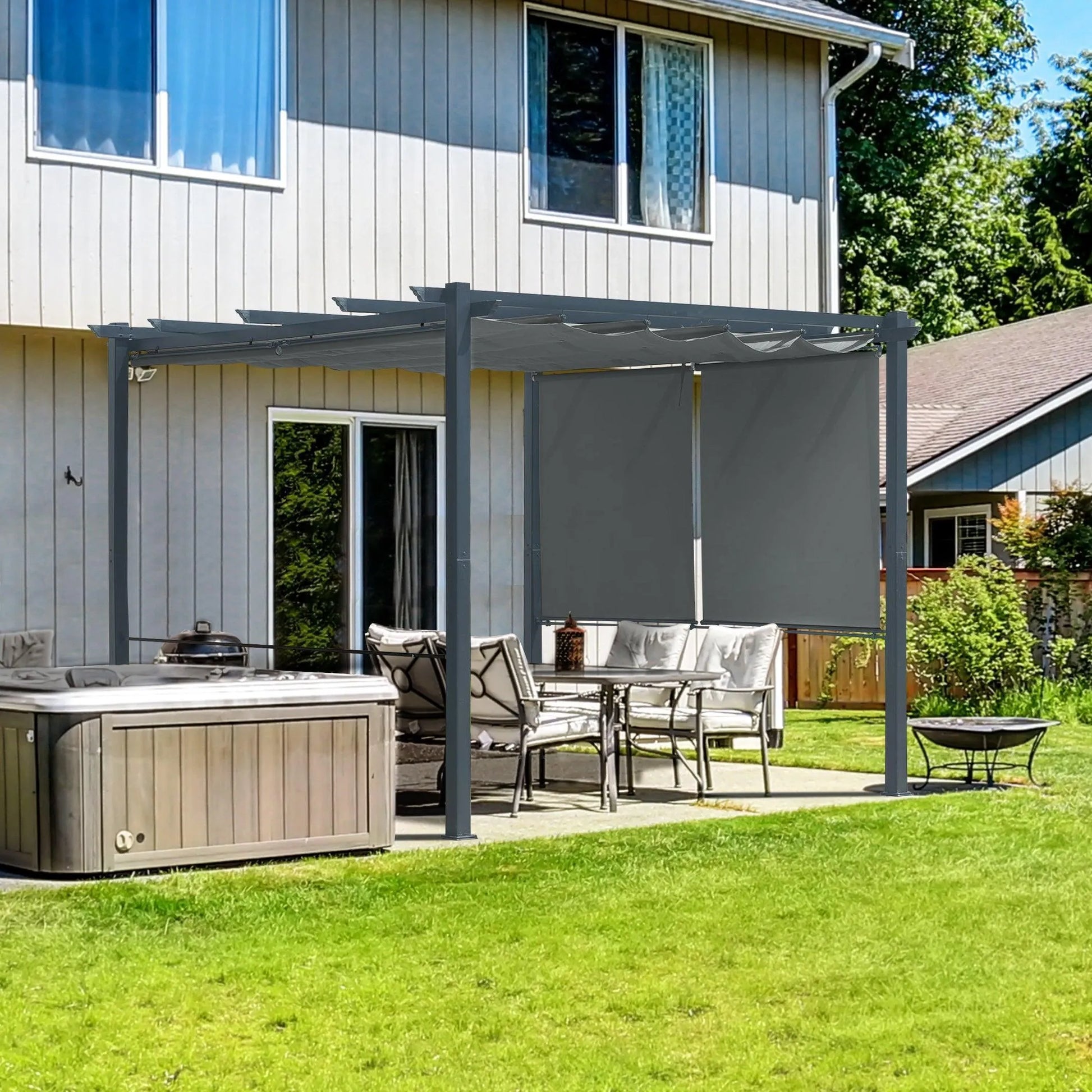 10 x 10 FT Outdoor Pergola with Shade Canopy, Aluminum Frame, Roller Shade Curtain Gray Aoodor