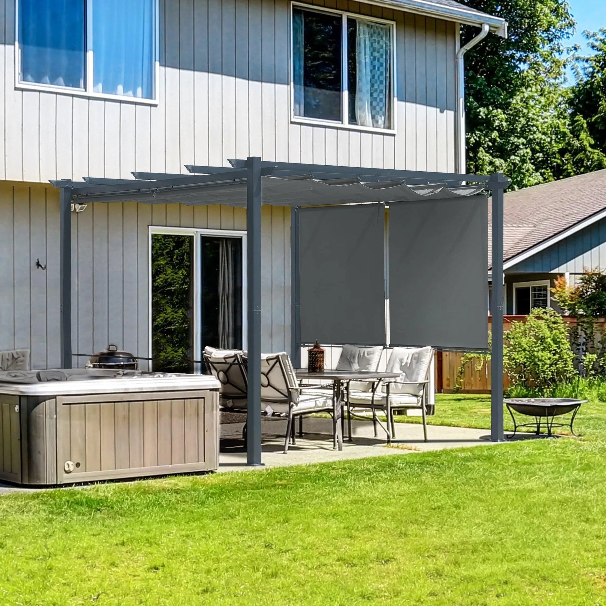 10 x 10 FT Outdoor Pergola with Shade Canopy, Aluminum Frame, Roller Shade Curtain Gray Aoodor Aoodor 