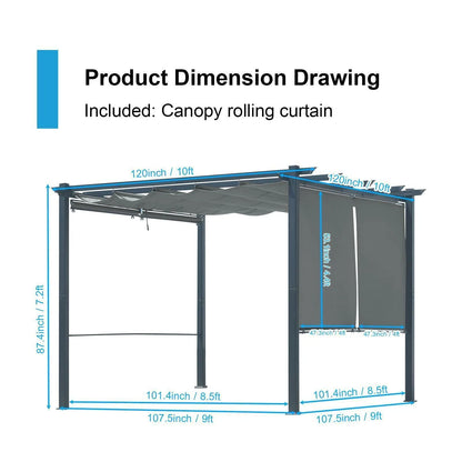 10 x 10 FT Outdoor Pergola with Shade Canopy, Aluminum Frame, Roller Shade Curtain Gray Aoodor