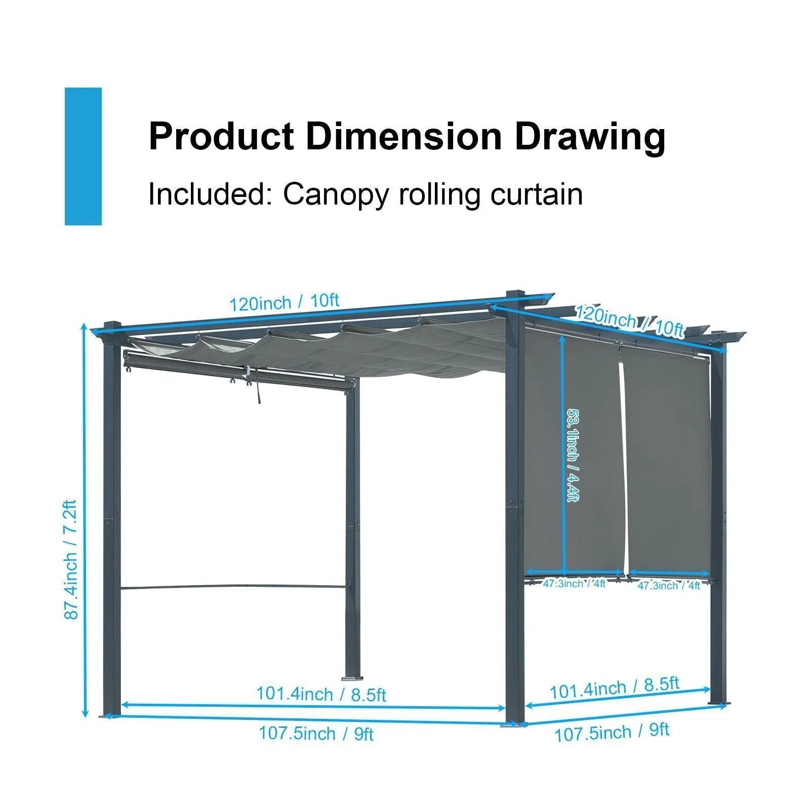 10 x 10 FT Outdoor Pergola with Shade Canopy, Aluminum Frame, Roller Shade Curtain Gray Aoodor Aoodor 