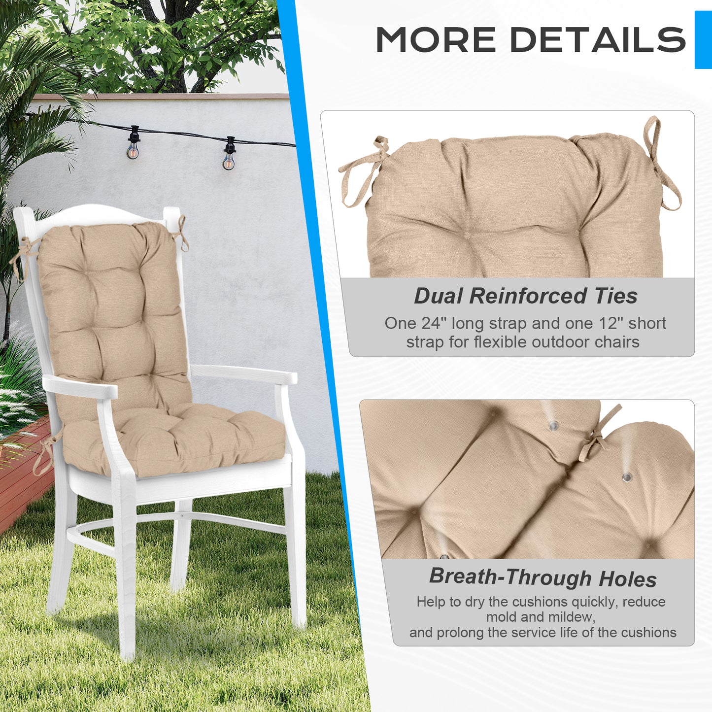 Tufted Outdoor High Back Cushions Patio Replacement Chair Cushion, Khaki