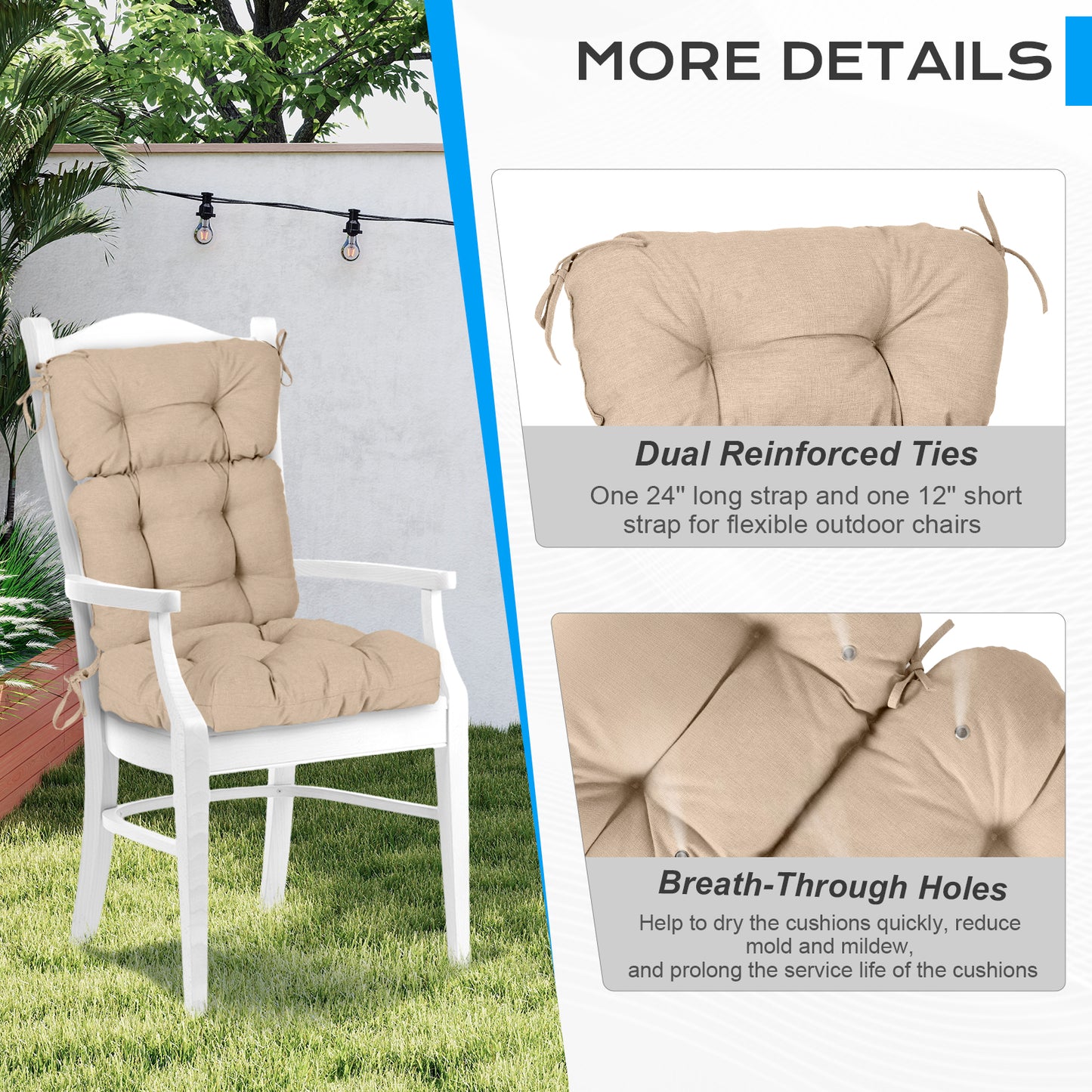 Tufted Outdoor High Back Cushions Patio Replacement Chair Cushion, Khaki