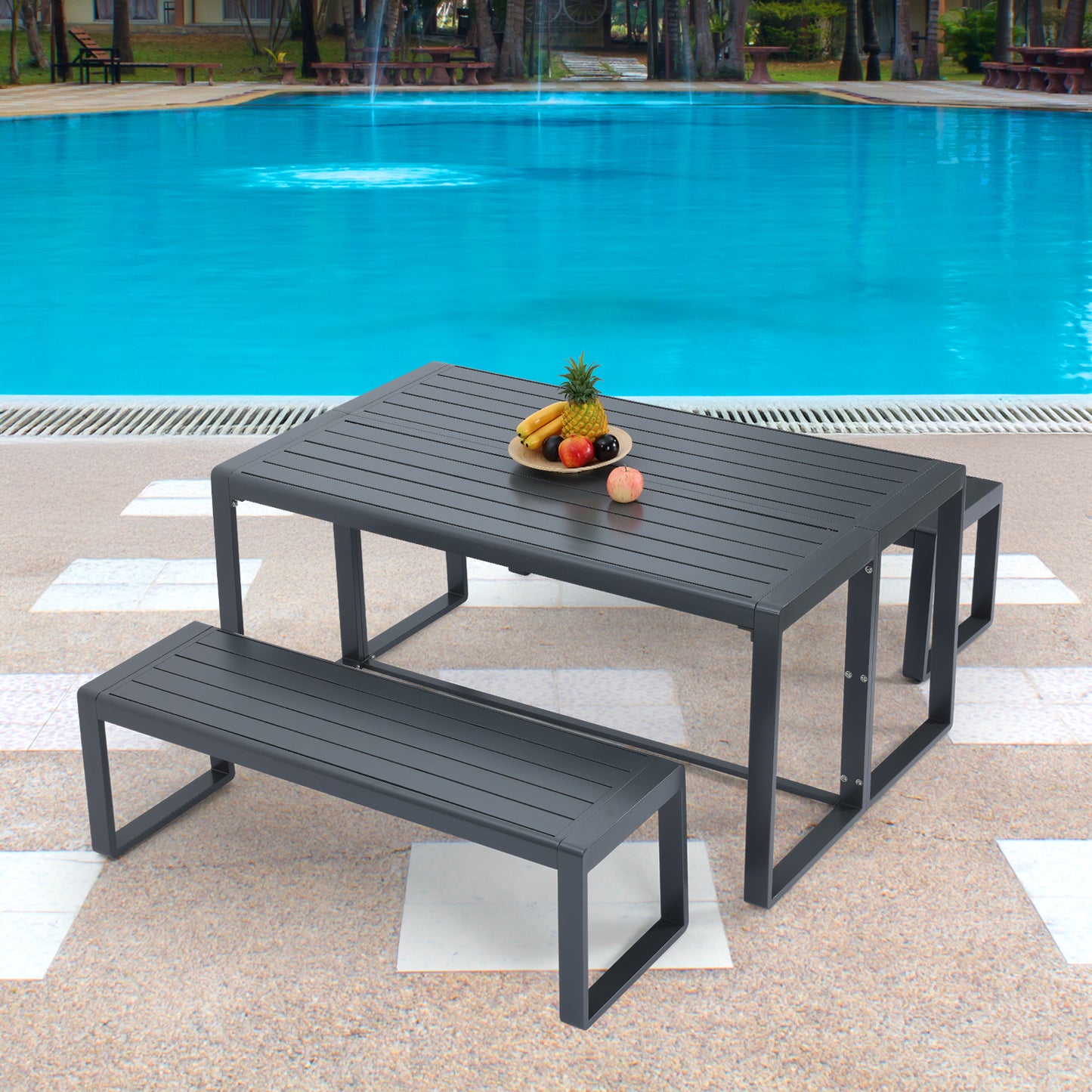 3-Piece Outdoor Patio Aluminum Dining Set with 1 Rectangular Picnic Table and 2 Benches