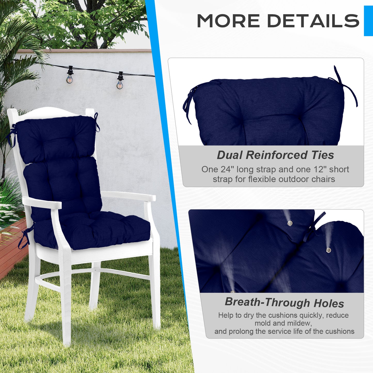 Outdoor Tufted High Back Cushions Patio Replacement Chair Cushion with Ties - Dark Blue