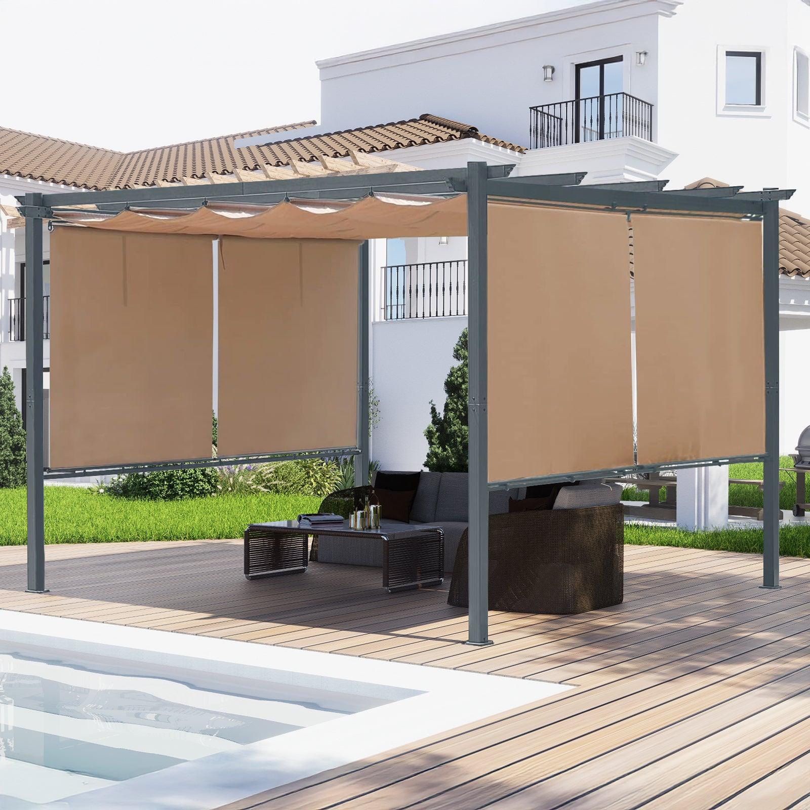 12x10 ft. Outdoor Pergola with Retractable Shade Canopy, Aluminum Frame, Roller Shade Curtain Brown Aoodor