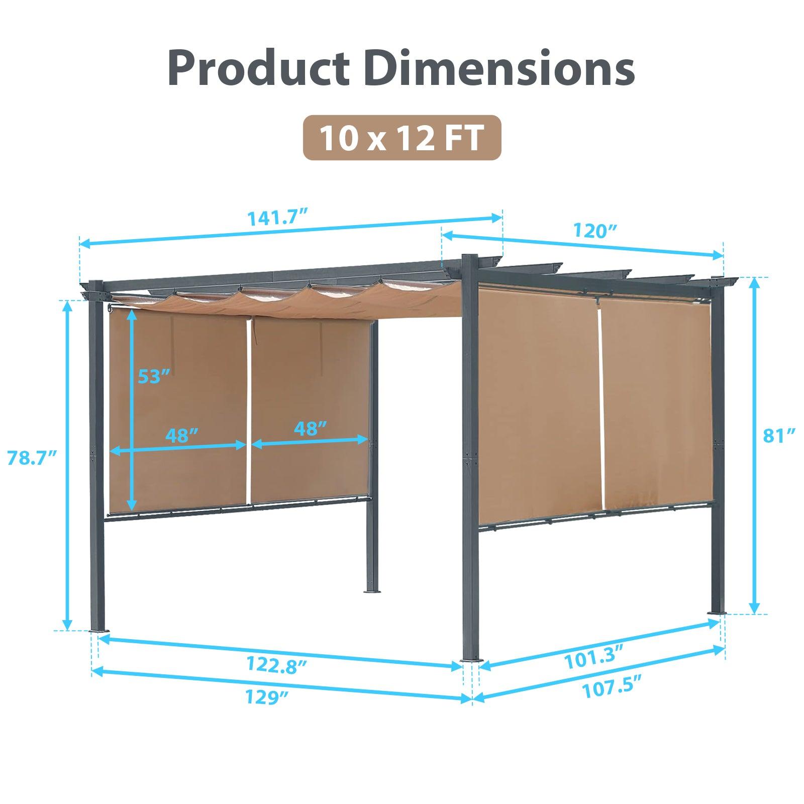 12x10 ft. Outdoor Pergola with Retractable Shade Canopy, Aluminum Frame, Roller Shade Curtain Brown Aoodor
