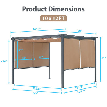 12x10 ft. Outdoor Pergola with Retractable Shade Canopy, Aluminum Frame, Roller Shade Curtain Brown Aoodor