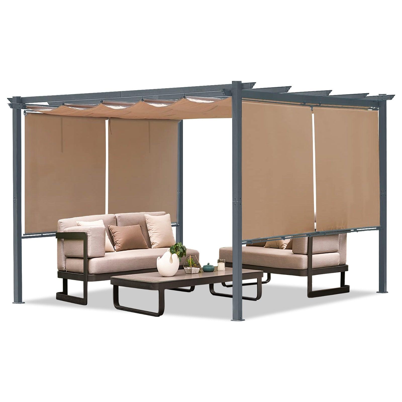 12x10 ft. Outdoor Pergola with Retractable Shade Canopy, Aluminum Frame, Roller Shade Curtain Brown Aoodor
