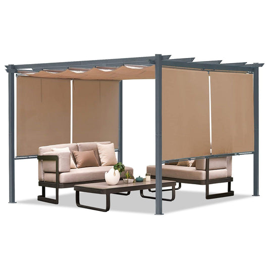 12x10 ft. Outdoor Pergola with Retractable Shade Canopy, Aluminum Frame, Roller Shade Curtain Brown Aoodor