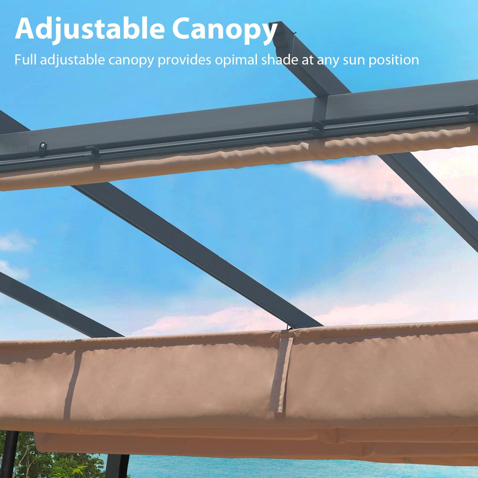 12x10 ft. Outdoor Pergola with Retractable Shade Canopy, Aluminum Frame, Roller Shade Curtain Brown Aoodor