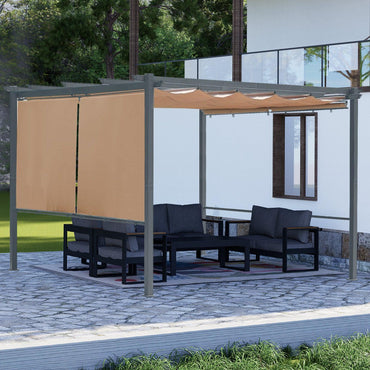 12x12 ft. Outdoor Pergola with Retractable Shade Canopy, Aluminum Frame, 4 Pieces Roller Shade Curtain Brown Aoodor