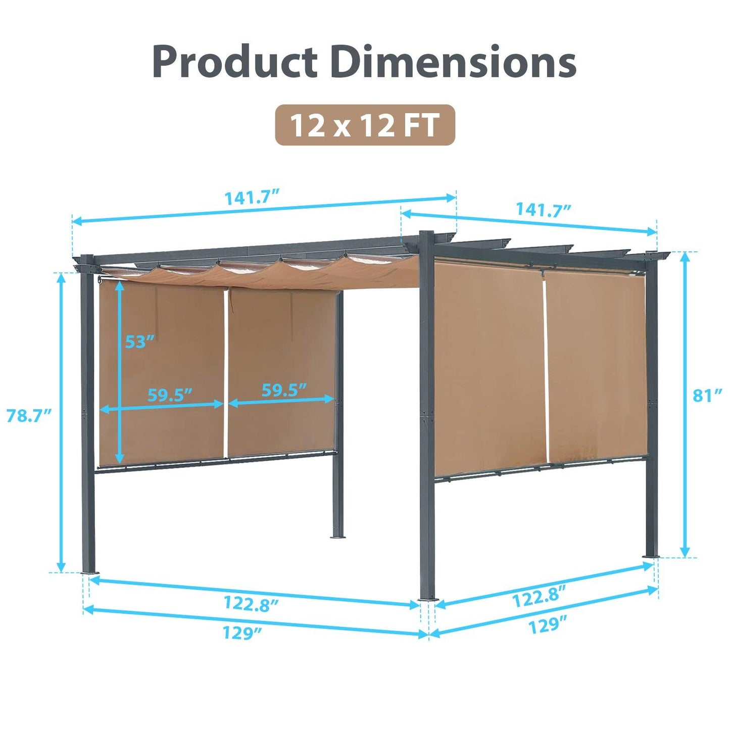 12x12 ft. Outdoor Pergola with Retractable Shade Canopy, Aluminum Frame, 4 Pieces Roller Shade Curtain Brown Aoodor