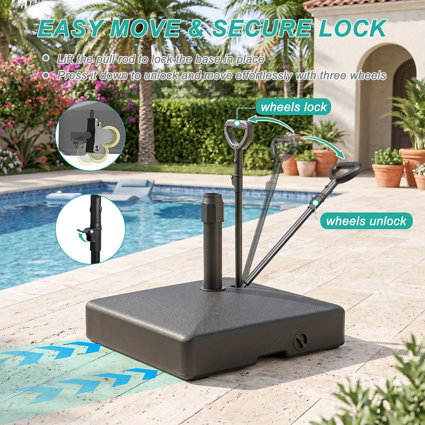 Patio Umbrella Base with Wheels and Pull Rod, Heavy Duty Fillable Market Umbrella Stand