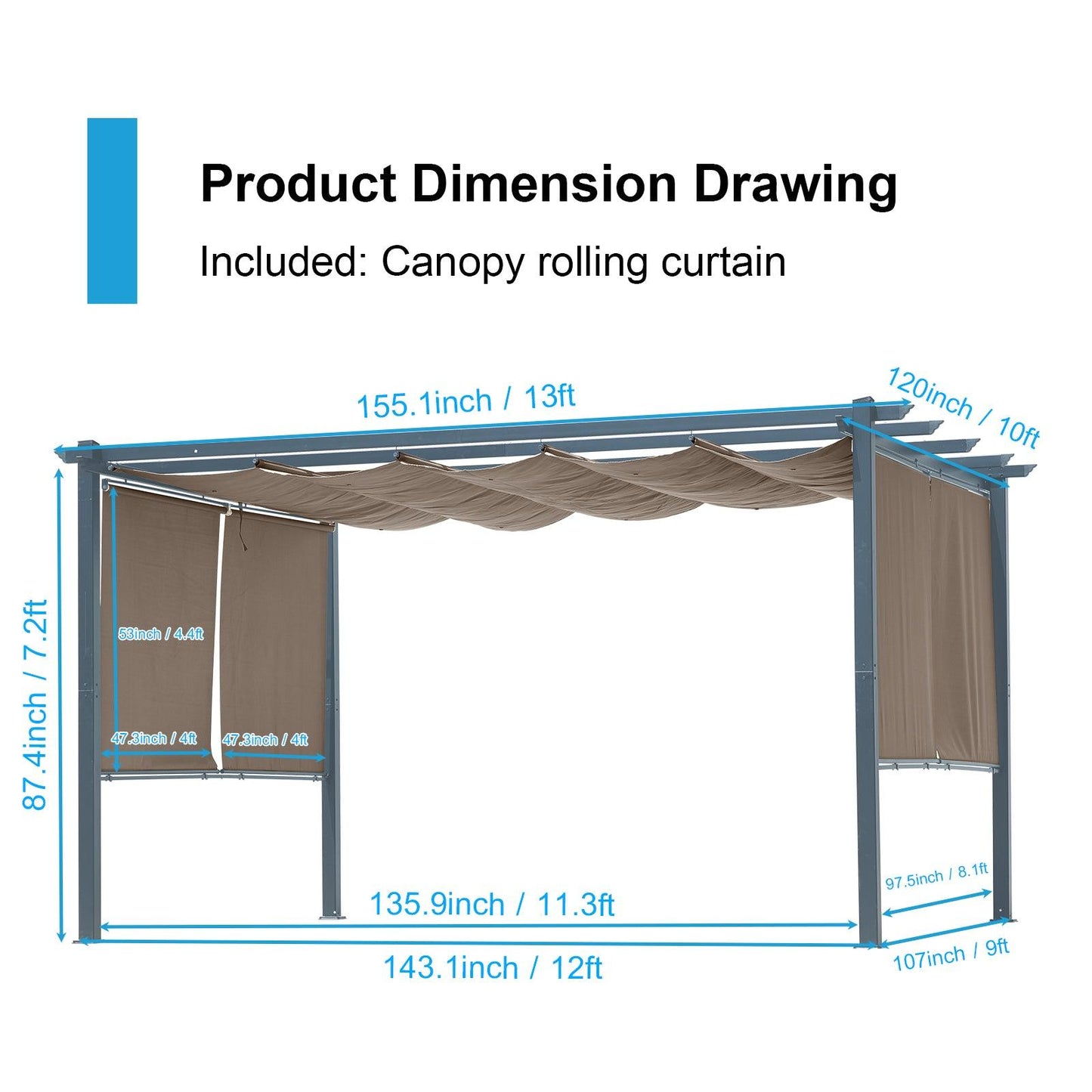 13 x 10 FT Outdoor Pergola with Retractable Shade Canopy, Aluminum Frame,Roller Shade Curtain Aoodor Brown Aoodor 