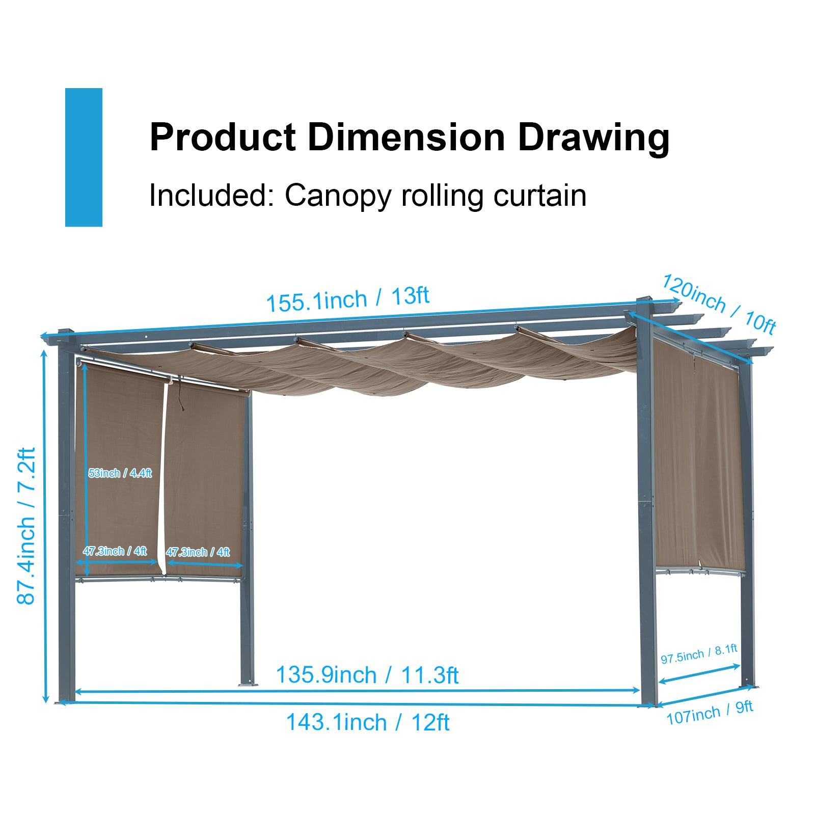 13 x 10 FT Outdoor Pergola with Retractable Shade Canopy, Aluminum Frame,Roller Shade Curtain Aoodor Brown Aoodor 