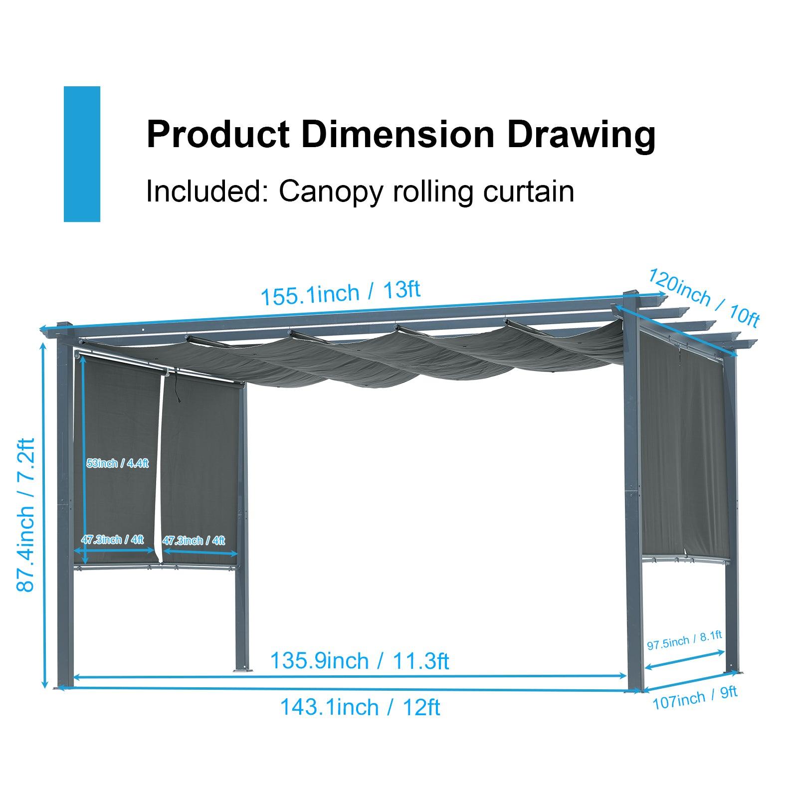 13 x 10 FT Outdoor Pergola with Retractable Shade Canopy, Aluminum Frame,Roller Shade Curtain Aoodor Gray Aoodor 