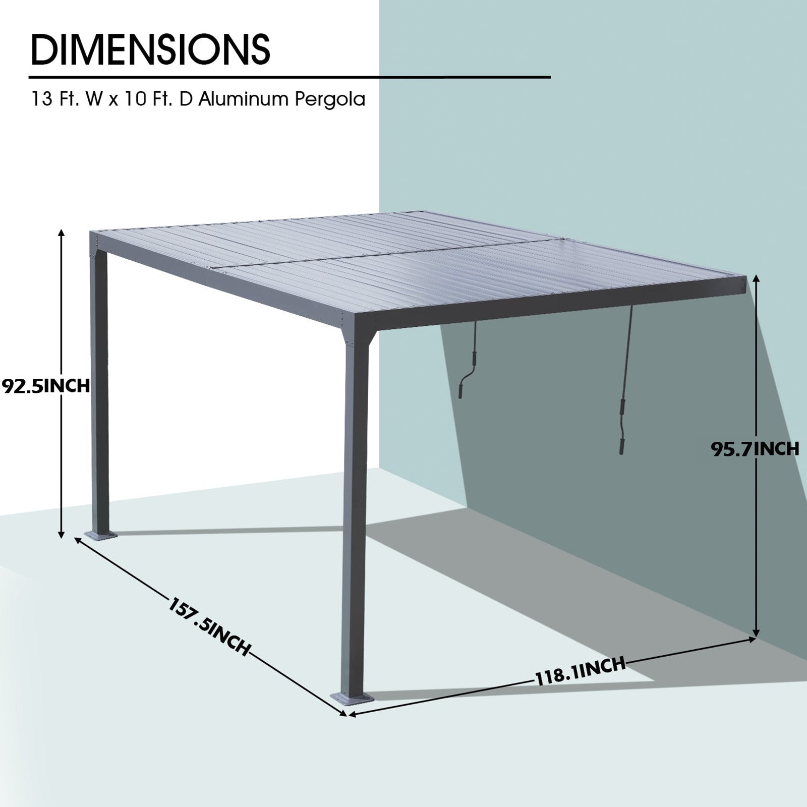 13x10 ft. Outdoor Aluminum Wall Mounted Louvered Pergola, Sun Shade Shelter with 2 Adjustable Panels  - Dark Gray