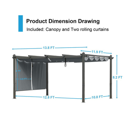 16x12/14x12 ft. Outdoor Pergola with Retractable Shade Canopy, Aluminum Frame, Roller Shade Curtain