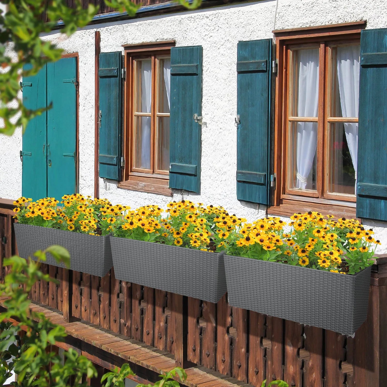 self watering deck rail planter 19.5 inch Window Planter Box, Wall Mount/Railing Self-Watering Planter, Set of 4