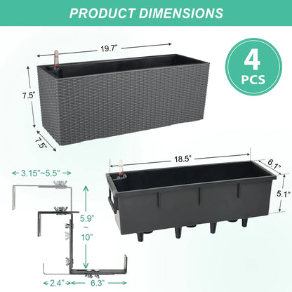 19.5 inch Window Planter Box, Wall Mount/Railing Self-Watering Planter with Adjustable Bracket - Set of 4 Gray Size Aoodor