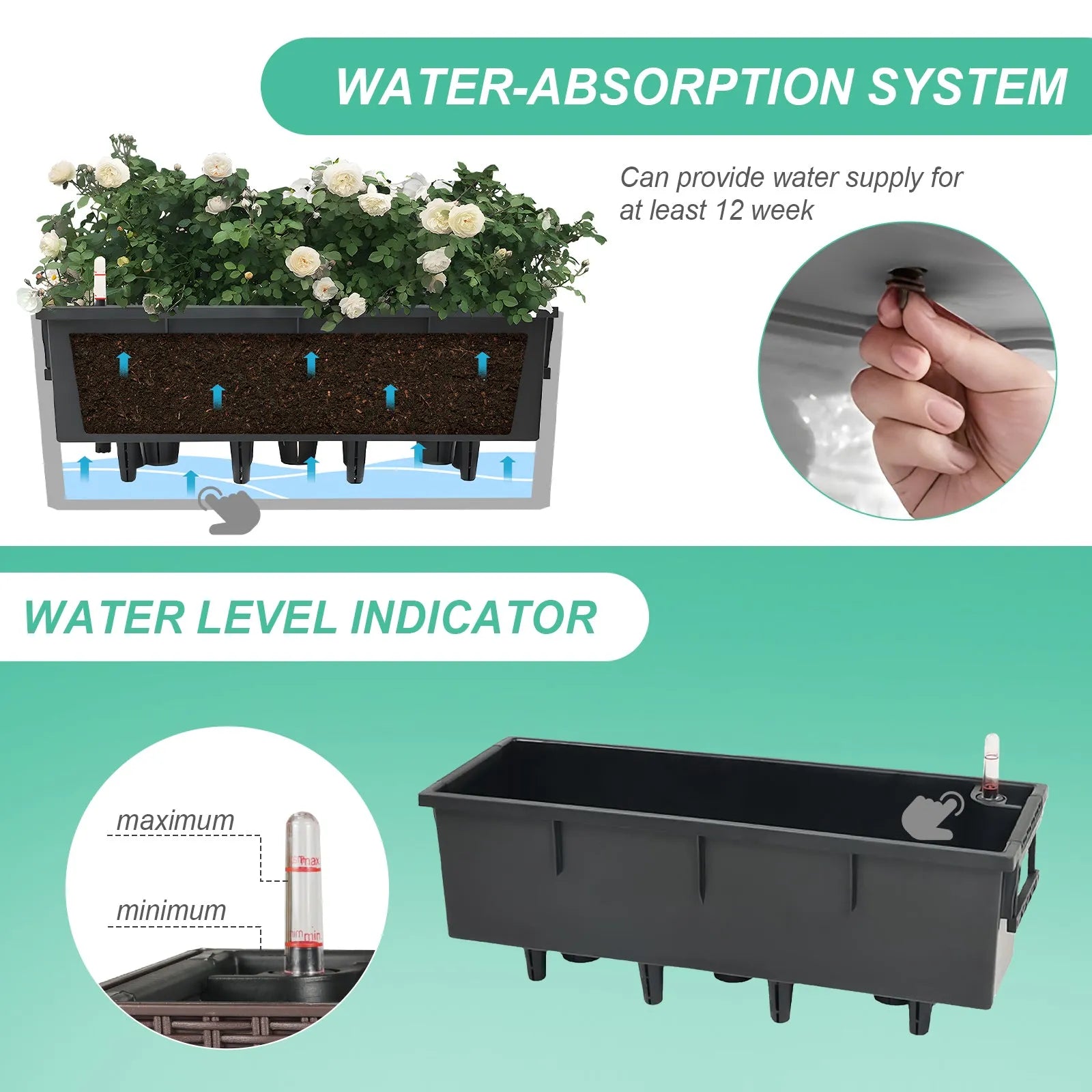 19.5 inch Window Planter Box, Wall Mount/Railing Self-Watering Planter with Adjustable Bracket - Set of 4 Gray Water level indicator Aoodor