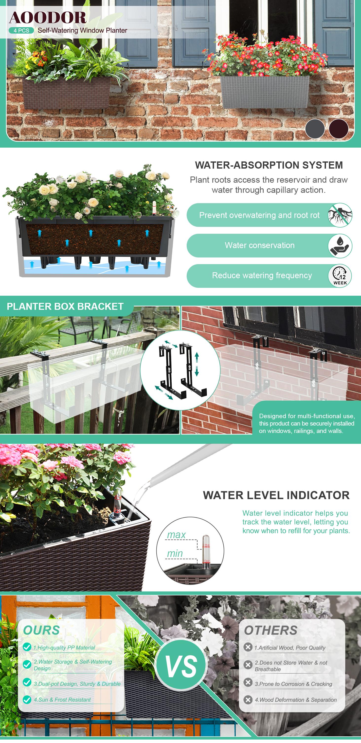 Aoodor 19.5 inch Window Planter Box, Wall Mount/Railing Self-Watering Planter with Adjustable Bracket - Set of 4