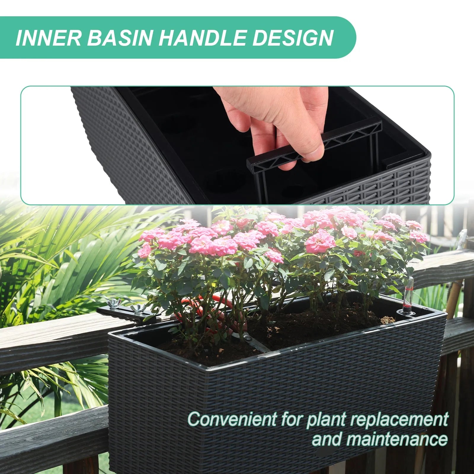 19.5 inch Window Planter Box, Wall Mount/Railing Self-Watering Planter with Adjustable Bracket - Set of 4 Gray  Inner Basin Handle Design Aoodor