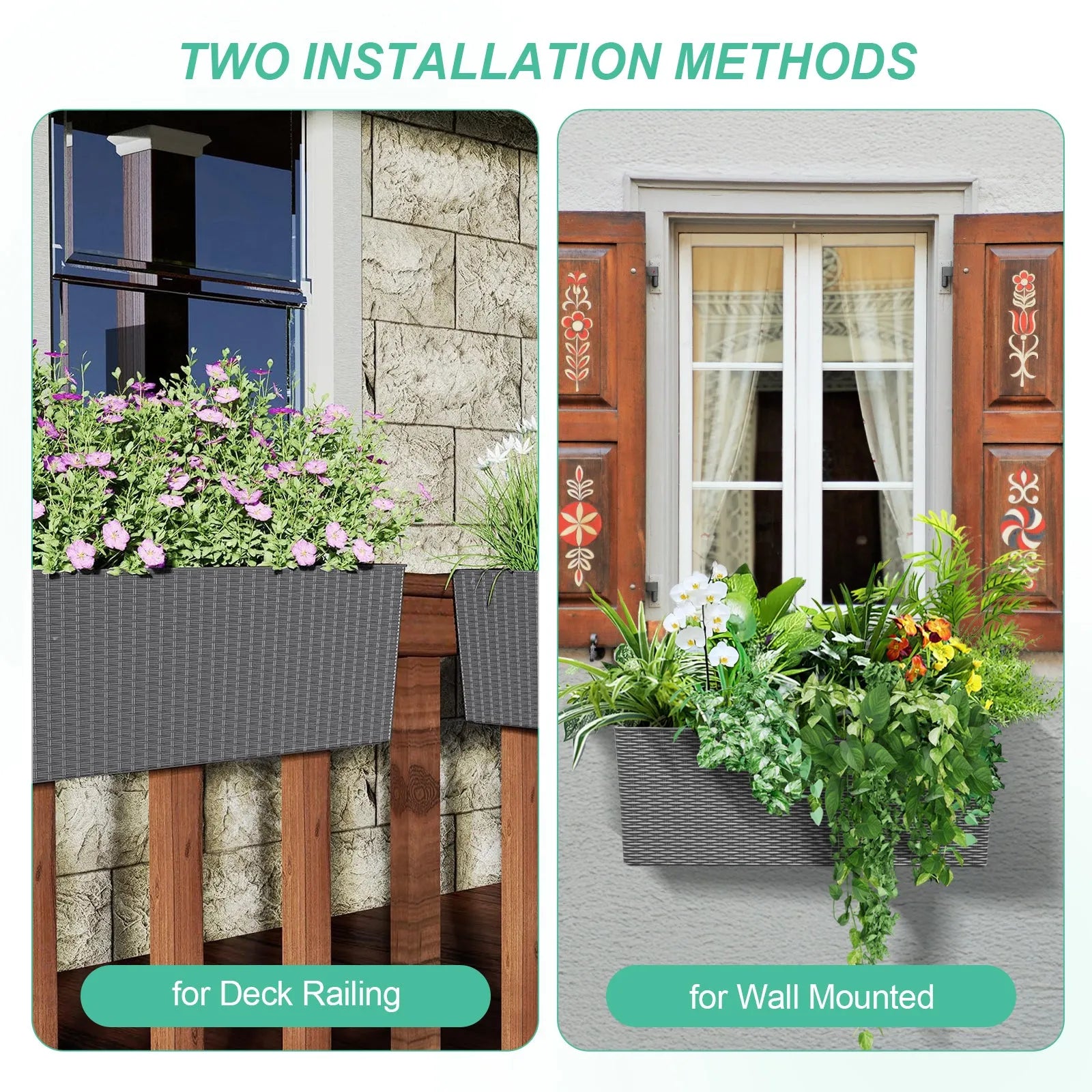 19.5 inch Window Planter Box, Wall Mount/Railing Self-Watering Planter with Adjustable Bracket - Set of 4 Gray  Two installation methods Aoodor