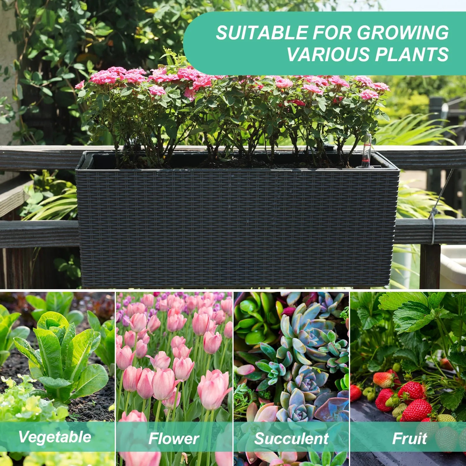 19.5 inch Window Planter Box, Wall Mount/Railing Self-Watering Planter with Adjustable Bracket - Set of 4 Gray  Aoodor