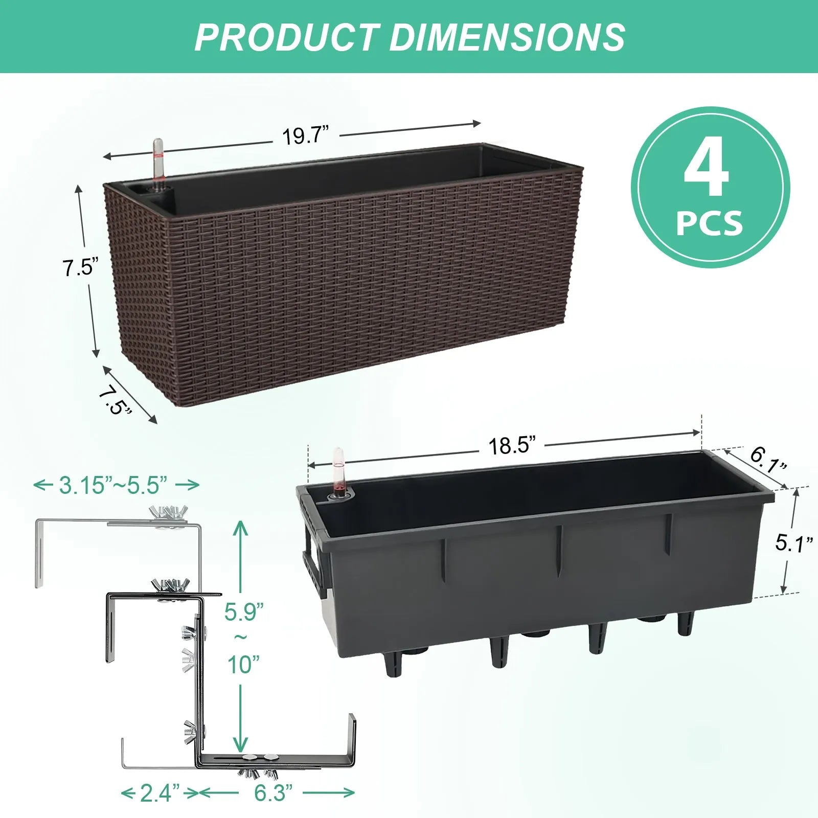 19.5 inch Window Planter Box, Wall Mount/Railing Self-Watering Planter with Adjustable Bracket - Set of 4 Coffee Product size Aoodor