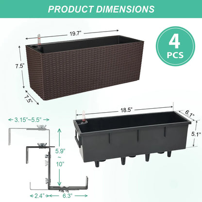 19.5 inch Window Planter Box, Wall Mount/Railing Self-Watering Planter with Adjustable Bracket - Set of 4 Coffee Product size Aoodor