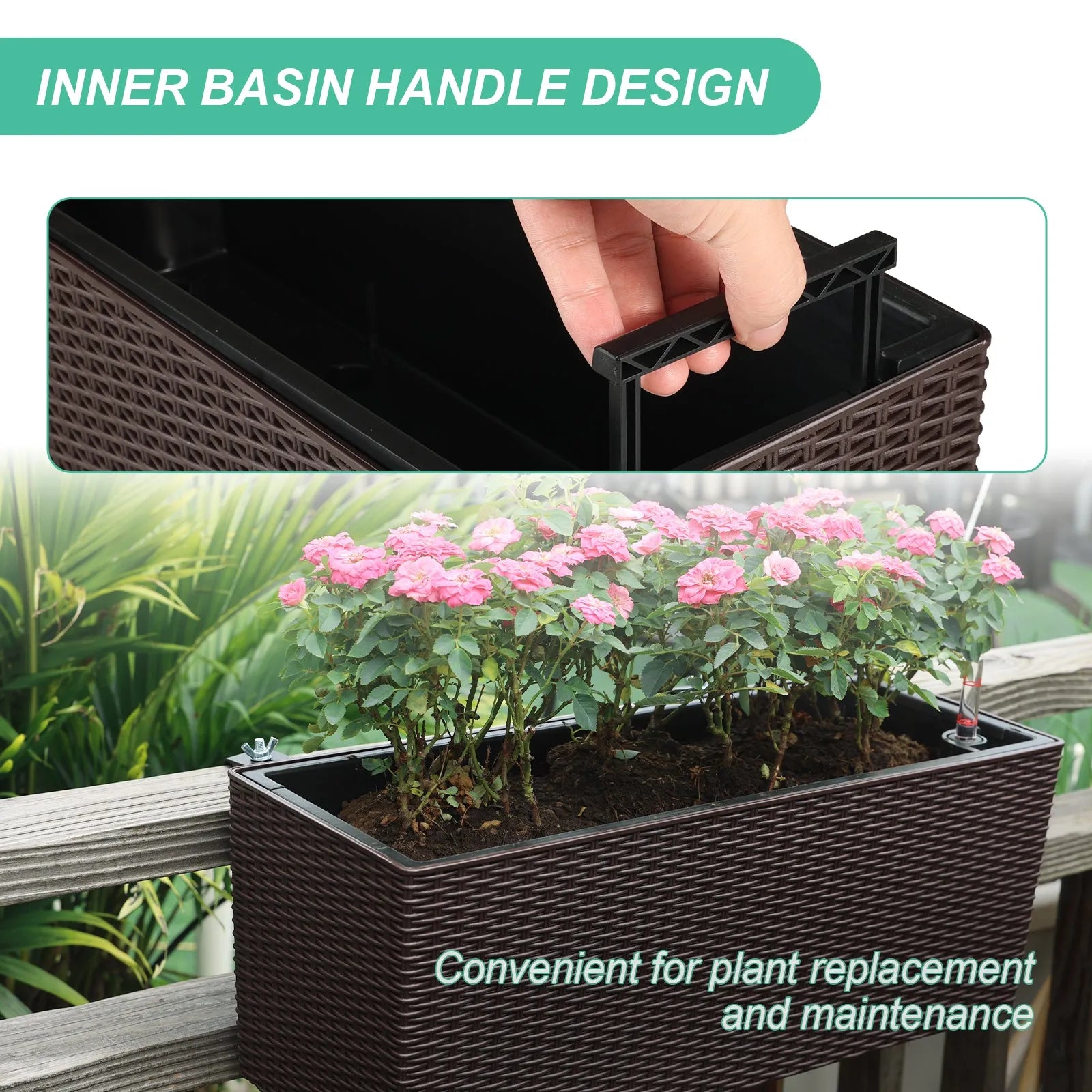 19.5 inch Window Planter Box, Wall Mount/Railing Self-Watering Planter with Adjustable Bracket - Set of 4 Coffee inner basin handle design Aoodor