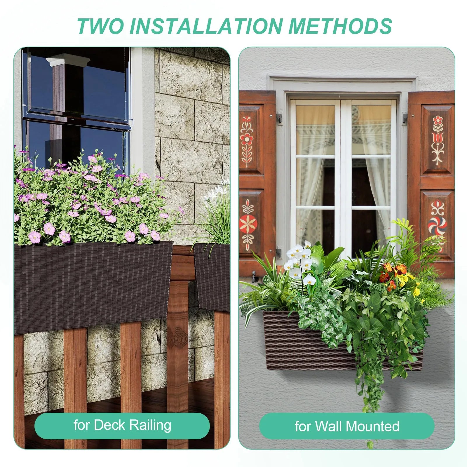19.5 inch Window Planter Box, Wall Mount/Railing Self-Watering Planter with Adjustable Bracket - Set of 4 Coffee Two installation Methods Aoodor