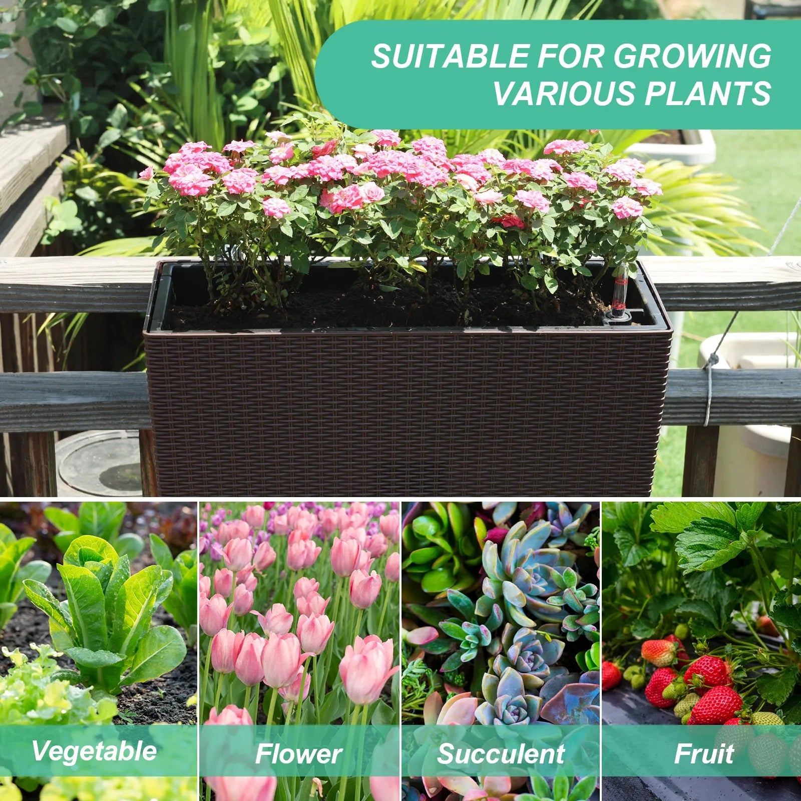 19.5 inch Window Planter Box, Wall Mount/Railing Self-Watering Planter with Adjustable Bracket - Set of 4 Coffee suitable for growing various plants Aoodor