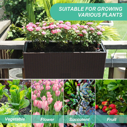 19.5 inch Window Planter Box, Wall Mount/Railing Self-Watering Planter with Adjustable Bracket - Set of 4 Coffee suitable for growing various plants Aoodor