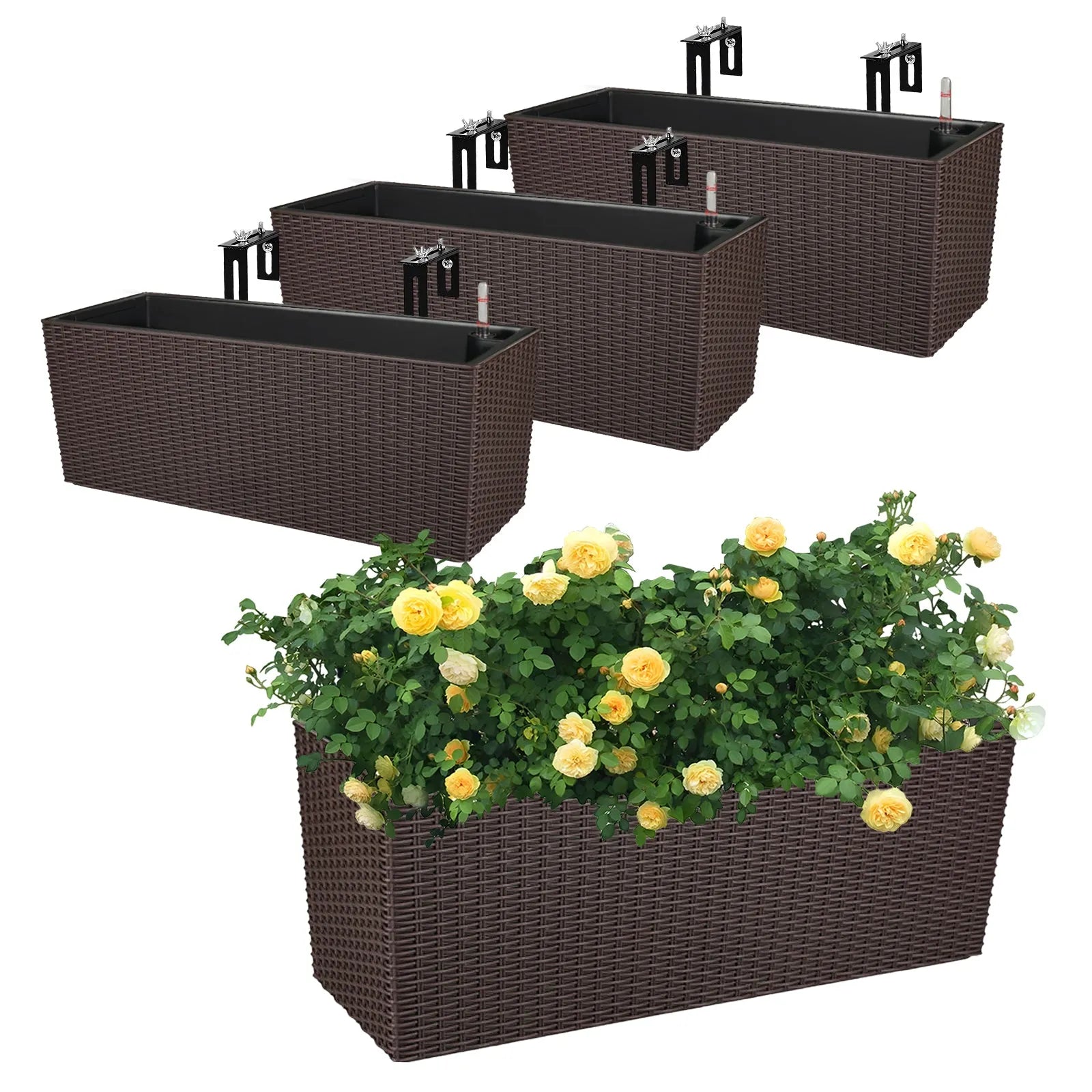 19.5 inch Window Planter Box, Wall Mount/Railing Self-Watering Planter with Adjustable Bracket - Set of 4 Coffee Aoodor