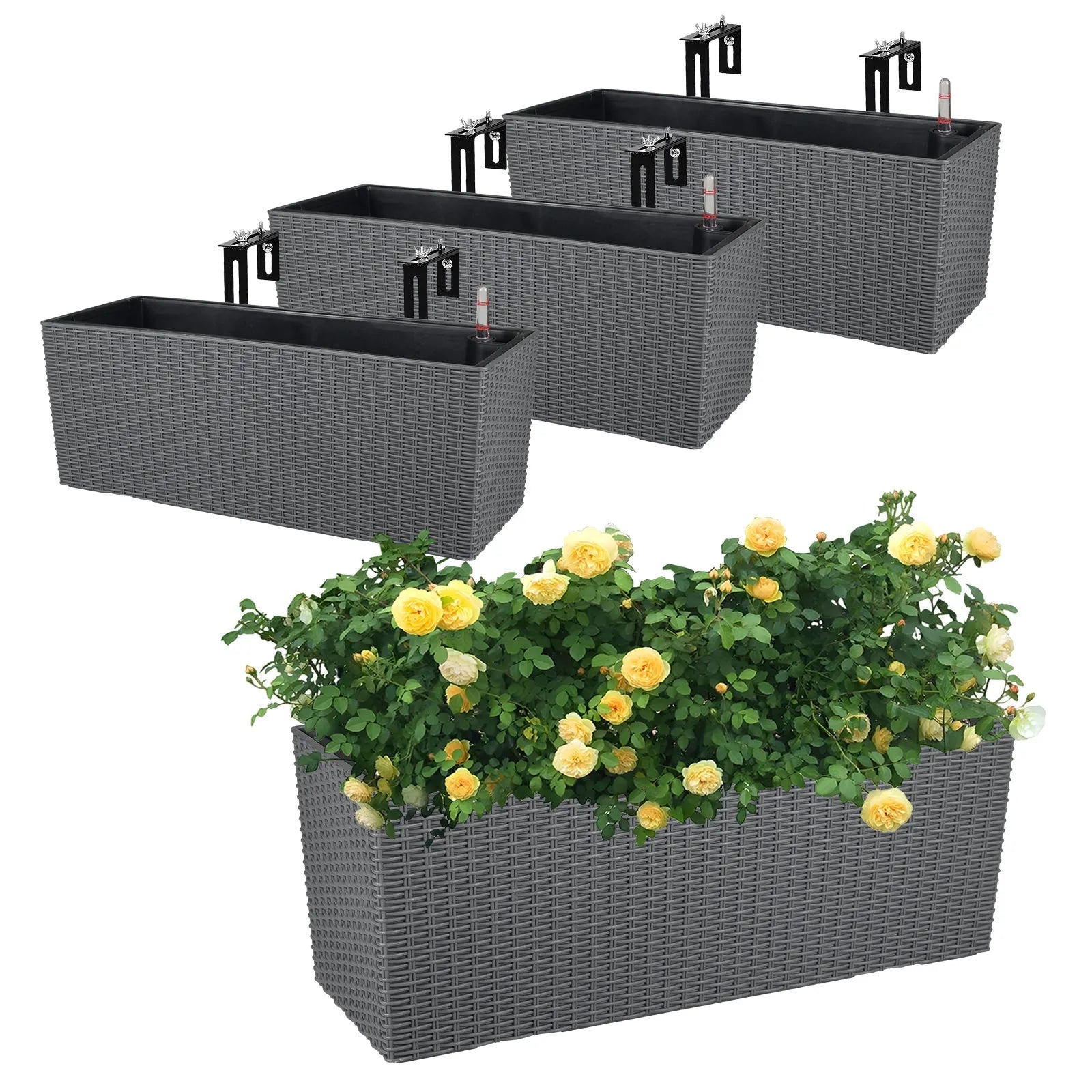 19.5 inch Window Planter Box, Wall Mount/Railing Self-Watering Planter with Adjustable Bracket - Set of 4 Gray Aoodor