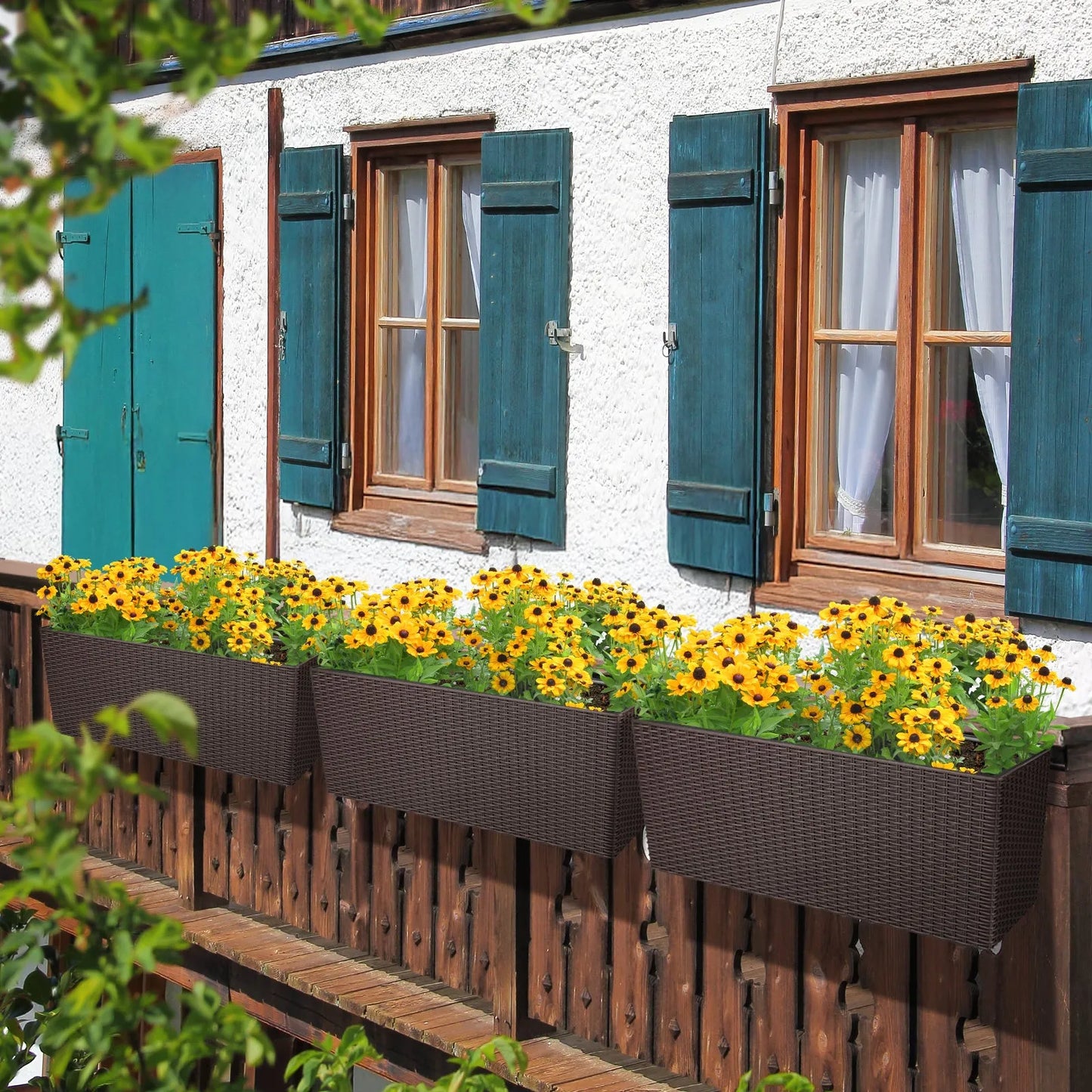 19.5 inch Window Planter Box, Wall Mount/Railing Self-Watering Planter with Adjustable Bracket - Set of 4 Coffee