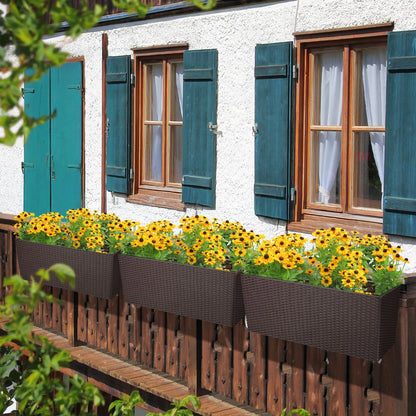 19.5 inch Window Planter Box, Wall Mount/Railing Self-Watering Planter with Adjustable Bracket - Set of 4 Coffee