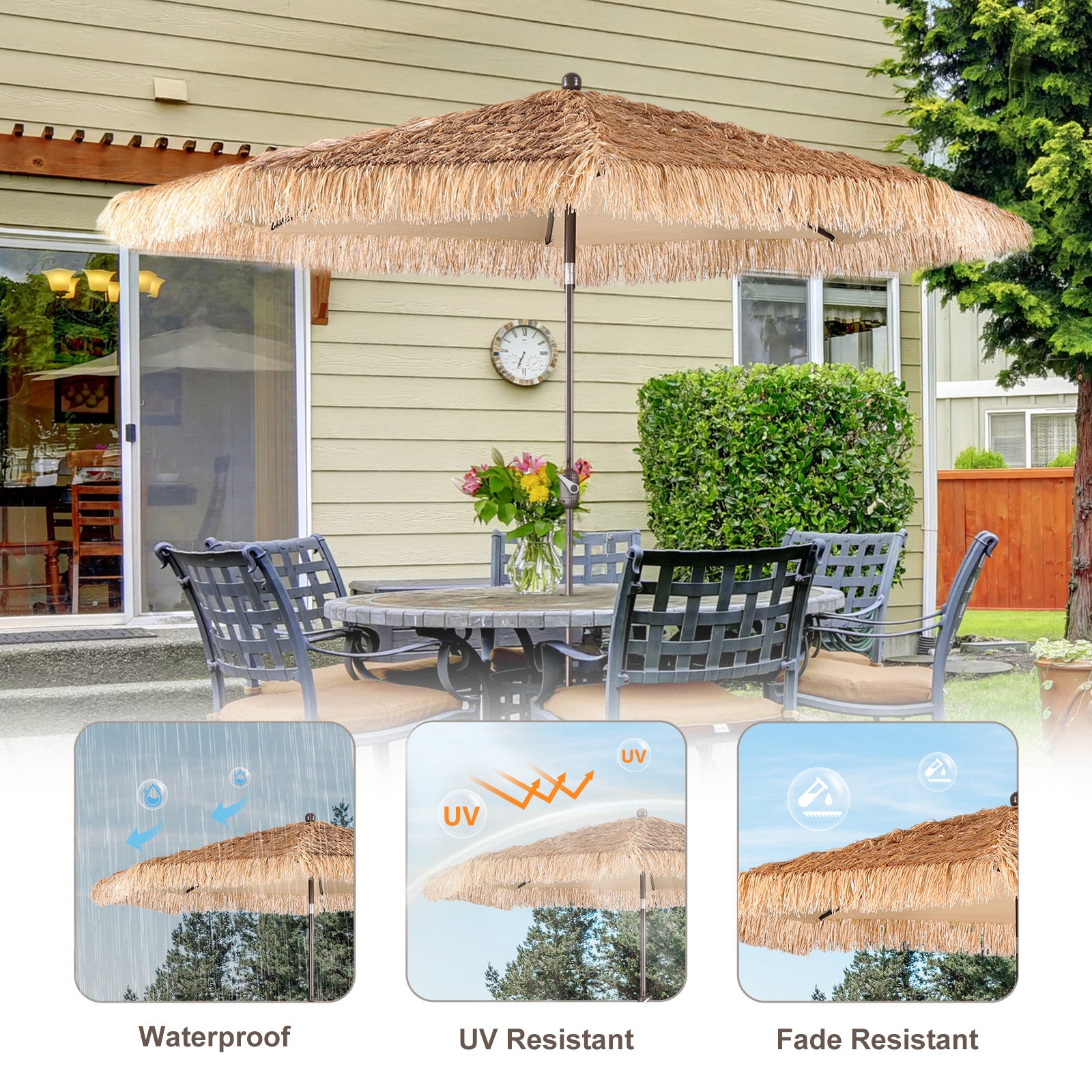 fade resistant patio umbrella Aoodor 9FT Thatch Patio Umbrella, Tiki Style Outdoor Umbrella with Crank Lift for Poolside, Backyard, Beach